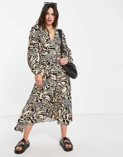 Mango Lace Up Front Midi Dress In Animal Print For Women Multi