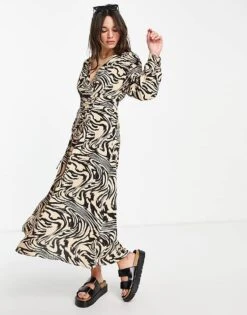 Mango Lace Up Front Midi Dress In Animal Print For Women Multi -Mango Sales 202297816 4