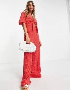 Mango Tie Front Wide Leg Jumpsuit In Red Polka Dot For Women Multi