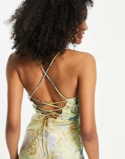 Mango Lace Up Back Watercolour Print Satin Midi Dress In Multi For Women -Mango Sales 202687793 2