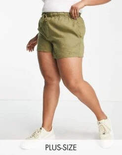 Mango Curve Tie Up Linen Shorts In Khaki For Women