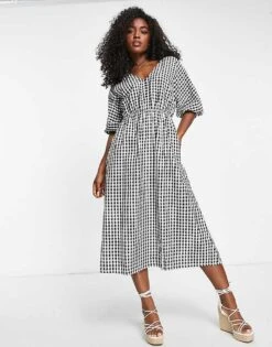 Mango Lace Up Back Puff Sleeve Midi Dress In Black Gingham Print For Women