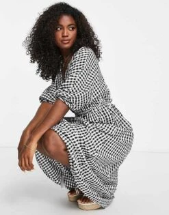 Mango Lace Up Back Puff Sleeve Midi Dress In Black Gingham Print For Women -Mango Sales 203039049 4