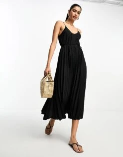 Mango Scoop Neck Pleated Midi Dress In Black For Women -Mango Sales 205093850 1 black 1