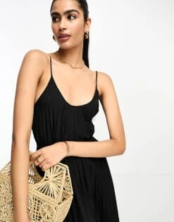 Mango Scoop Neck Pleated Midi Dress In Black For Women -Mango Sales 205093850 2