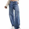 Mango Mid Waist Baggy Jeans With Rips In Medium Blue For Women Mid Blue