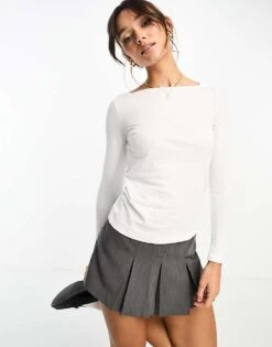 Mango Boat Neck Long Sleeve Top In White For Women