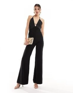 Mango Wide Leg V-neck Detail Jumpsuit In Black For Women
