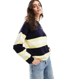 Mango Half Stripe Oversized Jumper In Navy And Yellow For Women