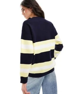 Mango Half Stripe Oversized Jumper In Navy And Yellow For Women -Mango Sales 205866184 4