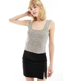 Mango Knitted Cami Top In Grey For Women