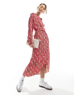 Mango Wrap Chain Graphic Midi Dress In Red For Women