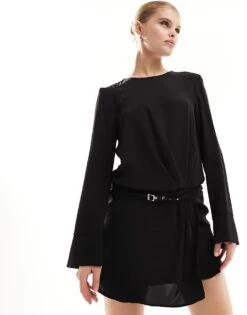 Mango Buckle Waist Tailored Dress In Black For Women