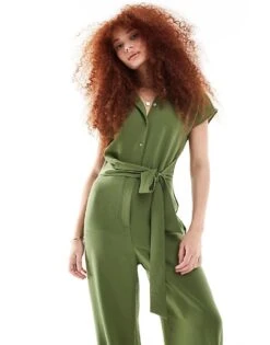 Mango Tie Waist Jersey Jumpsuit In Khaki For Women -Mango Sales 206108665 4