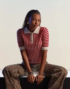 Mango Stripe Knitted Polo In Red And White For Women -Mango Sales 206108666 3