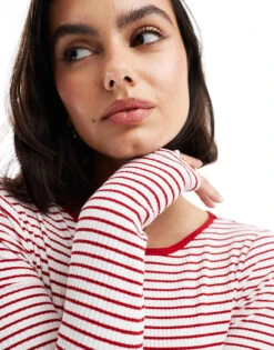 Mango Thin Stripe Contrast Collar Top In Red For Women -Mango Sales 206108998 3