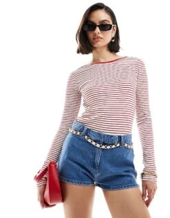 Mango Thin Stripe Contrast Collar Top In Red For Women -Mango Sales 206108998 4