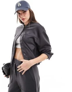 Mango Knitted Co-ord Bomber Jacket In Charcoal For Women