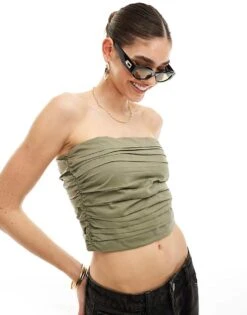 Mango Ruched Bandeau Top In Khaki For Women -Mango Sales 206319348 1 khaki 1