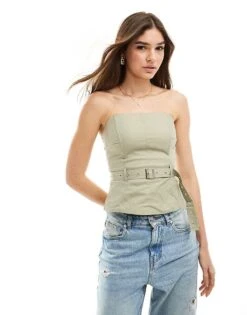 Mango Buckle Waist Bandeau Top In Light Green For Women