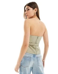 Mango Buckle Waist Bandeau Top In Light Green For Women -Mango Sales 206319354 3