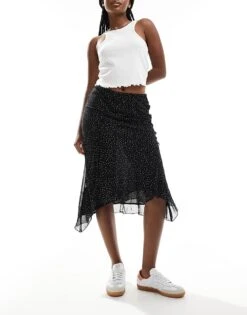 Mango Aysmettric Hem Spot Printed Midi Skirt In Black For Women