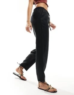 Mango Linen Tie Waist Trousers In Black For Women