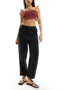 Mango Linen Tie Waist Trousers In Black For Women -Mango Sales 206319477 4
