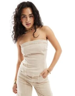 Mango Bandeau Co-ord Denim Top In Light Beige For Women -Mango Sales 206319528 1 beige 1