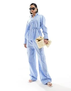 Mango Straight Leg Tie Waist Striped Co-ord Trousers In Blue For Women
