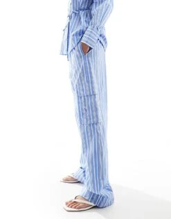 Mango Straight Leg Tie Waist Striped Co-ord Trousers In Blue For Women -Mango Sales 206319534 5