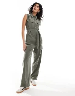 Mango Sleeveless Button Up Jumpsuit In Khaki For Women