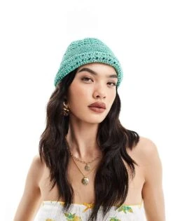 Mango Crochet Hat In Green For Women