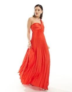 Mango One Shoulder Pleated Maxi Dress In Red For Women