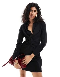 Mango Cinched Waist Long Sleeve Dress In Black For Women