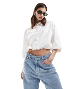 Mango Cropped Drawstring Short Sleeve Shirt In White For Women -Mango Sales 206320348 1 white 1