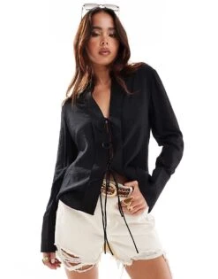 Mango Tie Front Blouse In Black For Women