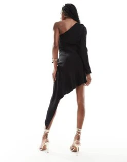 Mango 3D Flower One Shoulder Mini Dress In Black For Women -Mango Sales 206320433 2