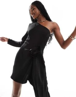 Mango 3D Flower One Shoulder Mini Dress In Black For Women -Mango Sales 206320433 4