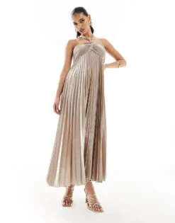 Mango Halterneck Pleated Midi Dress In Silver For Women -Mango Sales 206320475 1 silver 1