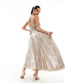 Mango Halterneck Pleated Midi Dress In Silver For Women -Mango Sales 206320475 4