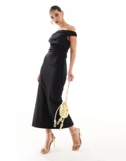 Mango Bardot Cinched Waist Midi Dress In Black For Women
