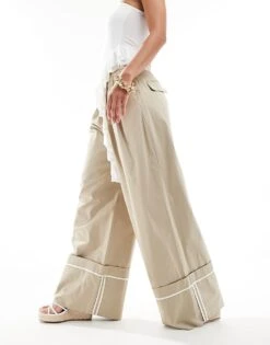 Mango Wide Leg Turn Up Trouser In Tan For Women