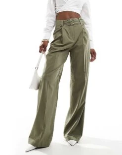 Mango Buckle Waist Wide Leg Trouser In Khaki For Women -Mango Sales 206320842 1 khaki 1