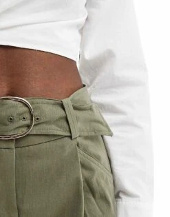 Mango Buckle Waist Wide Leg Trouser In Khaki For Women -Mango Sales 206320842 5