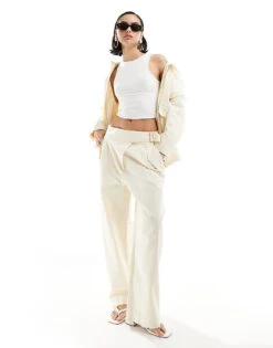 Mango Linen Mix Buckle Detail Co-ord Trousers In White For Women -Mango Sales 206320938 1 white 1