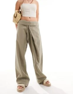 Mango Fold Over Straight Leg Trousers In Khaki For Women -Mango Sales 206320945 3