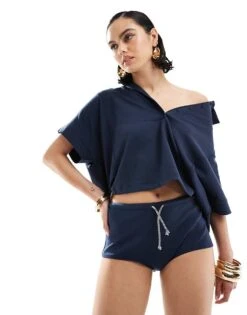 Mango Drawstring Co-ord Shorts In Navy For Women -Mango Sales 206391649 5