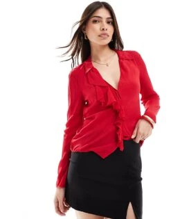 Mango Ruffle Front Blouse In Red For Women