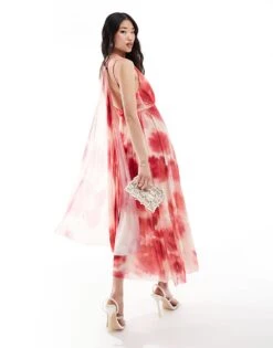 Mango Floral Printed Back Detail Midi Dress In Light Pink For Women